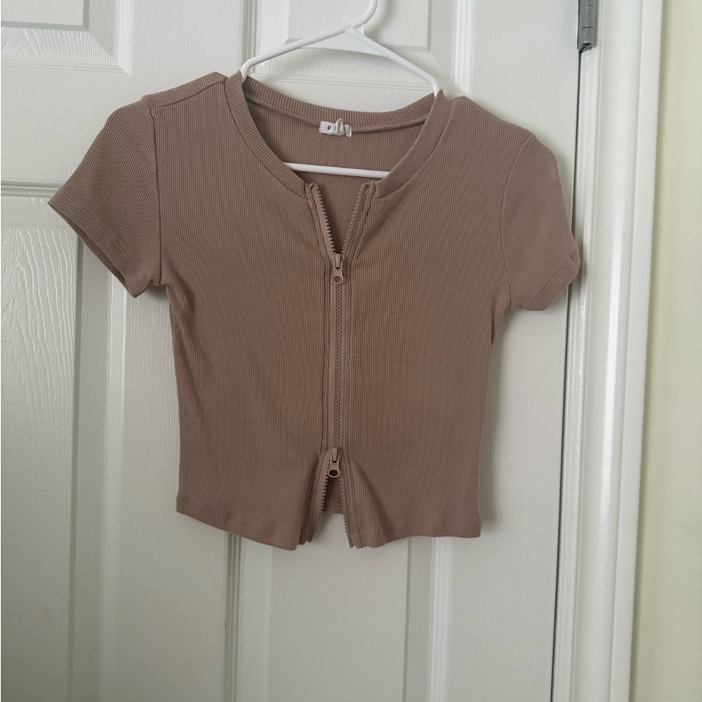 Garage Tan Zip-Up Crop Top